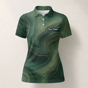 Personalised Green Topographic Contour Line Golf Polo Shirt For Women H2497