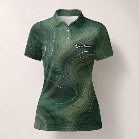 Personalised Green Topographic Contour Line Golf Polo Shirt For Women H2497
