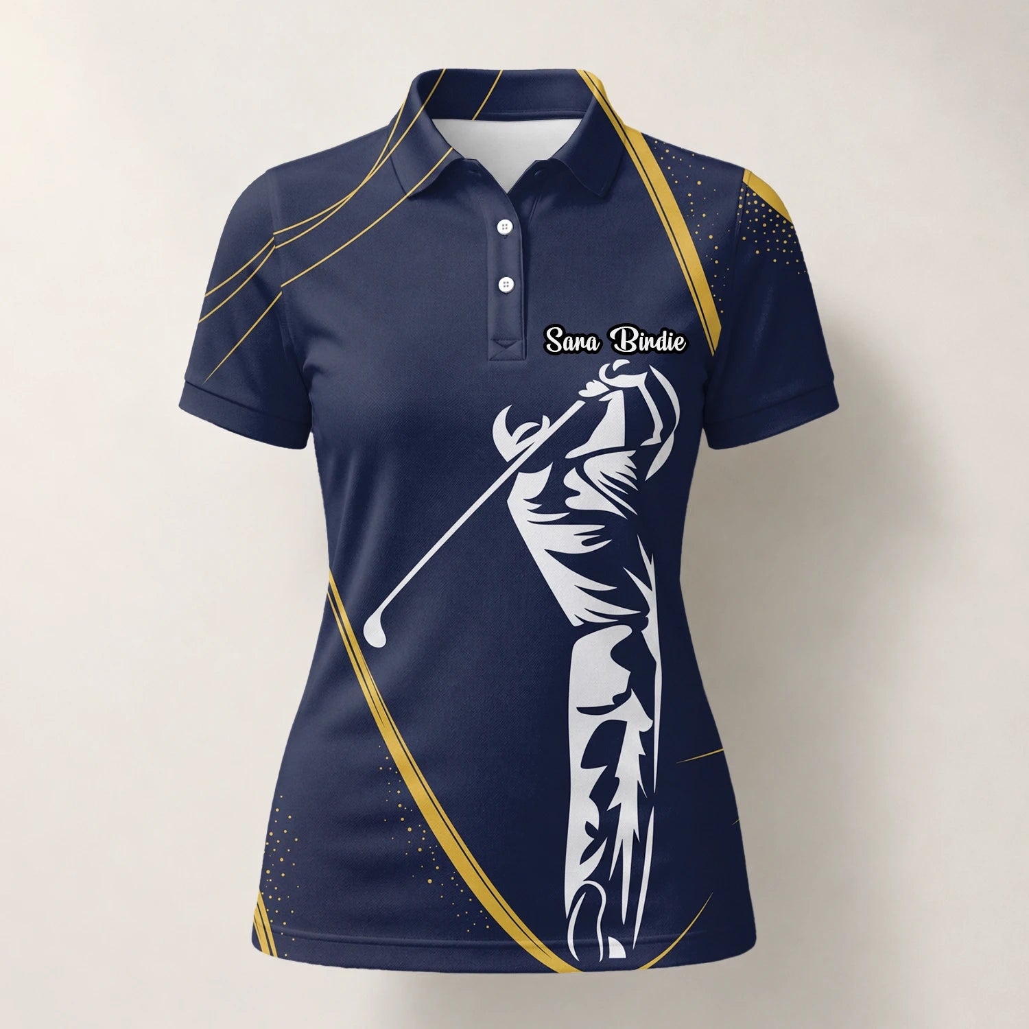 Personalised Navy Gold Golfer Swing Silhouette Golf Polo Shirt For Women A1639