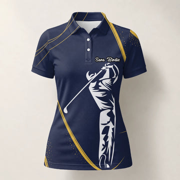 Personalised Navy Gold Golfer Swing Silhouette Golf Polo Shirt For Women A1639