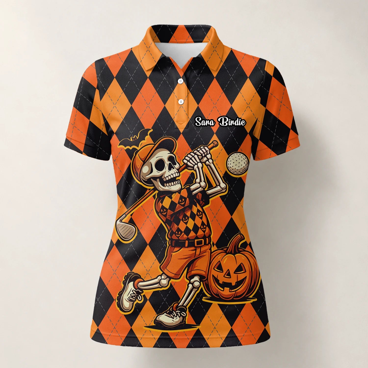 Personalised Orange Black Halloween Skeleton Golfer Argyle Golf Polo Shirt For Women I4585