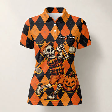 Personalised Orange Black Halloween Skeleton Golfer Argyle Golf Polo Shirt For Women I4585