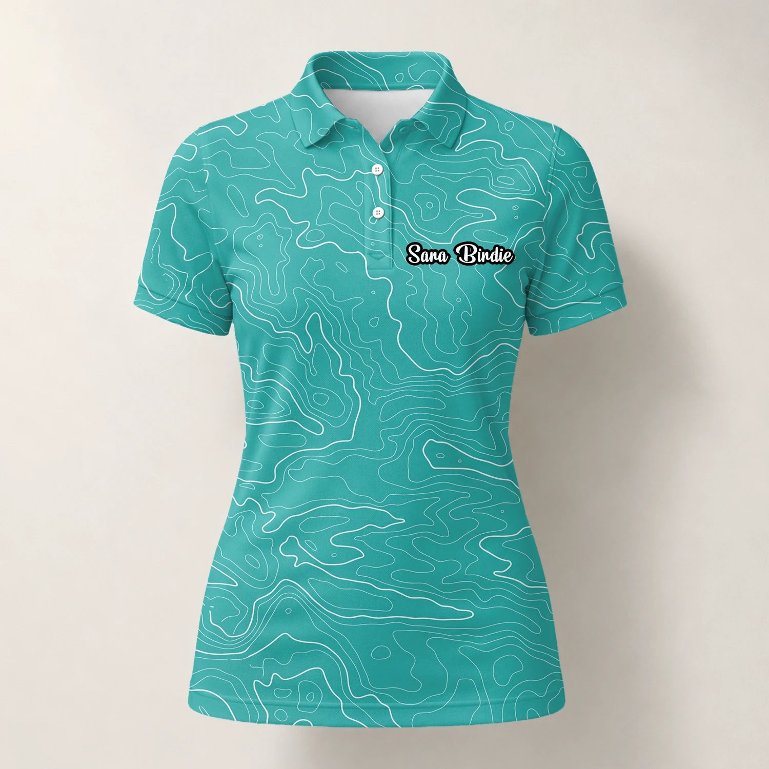 Personalised Teal Topographic Contour Line Golf Polo Shirt For Women U3552