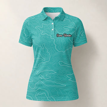 Personalised Teal Topographic Contour Line Golf Polo Shirt For Women U3552
