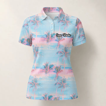 Personalised Pastel Blue Pink Palm Sunset Golf Polo Shirt For Women G4431