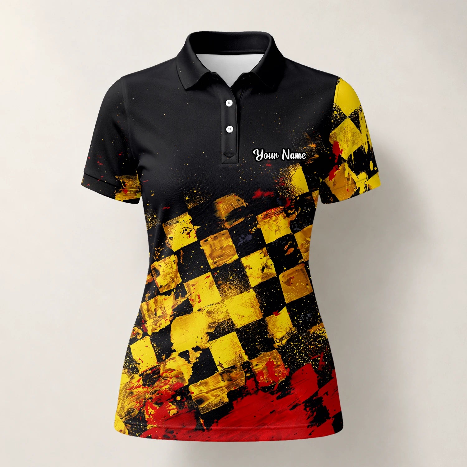 Personalised Black Yellow Red Grunge Checkerboard Golf Polo Shirt For Women R0396