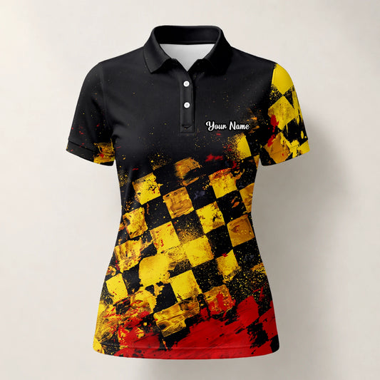 Personalised Black Yellow Red Grunge Checkerboard Golf Polo Shirt For Women R0396