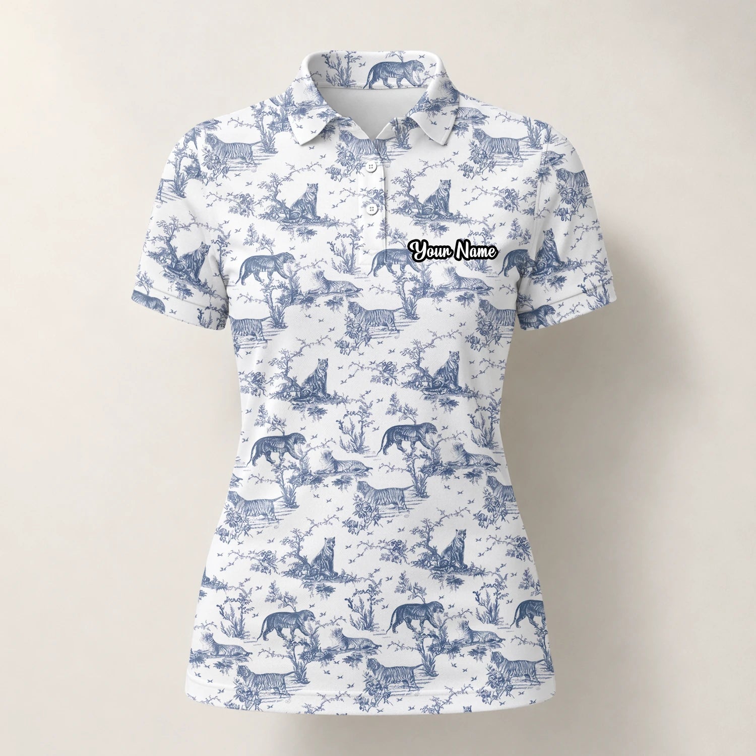Personalised White Blue Dinosaur Toile Golf Polo Shirt For Women Q4771