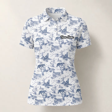 Personalised White Blue Dinosaur Toile Golf Polo Shirt For Women Q4771