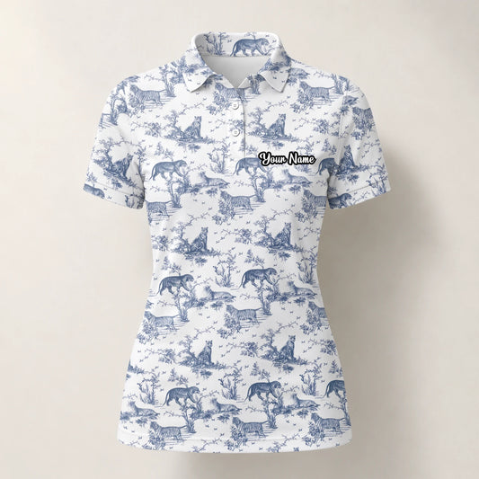 Personalised White Blue Dinosaur Toile Golf Polo Shirt For Women Q4771