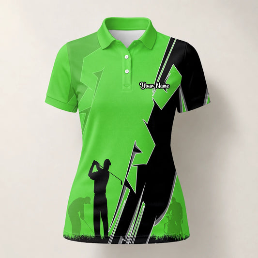 Personalised Lime Green Golfer Silhouette Lightning Golf Polo Shirt For Women V5316