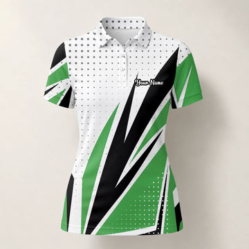 Personalised White Green Black Abstract Stripe Golf Polo Shirt For Women C9494