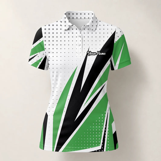 Personalised White Green Black Abstract Stripe Golf Polo Shirt For Women C9494