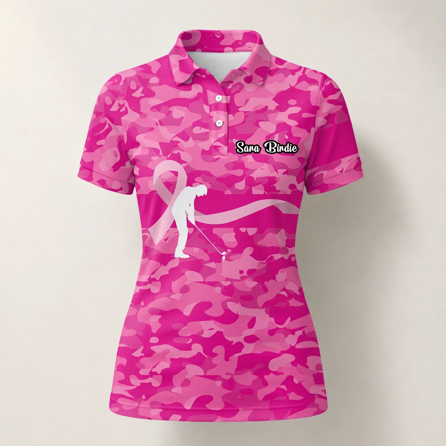 Personalised Pink Camo Breast Cancer Awareness Ribbon Golfer Golf Polo Shirt For Women Z3179