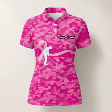 Personalised Pink Camo Breast Cancer Awareness Ribbon Golfer Golf Polo Shirt For Women Z3179