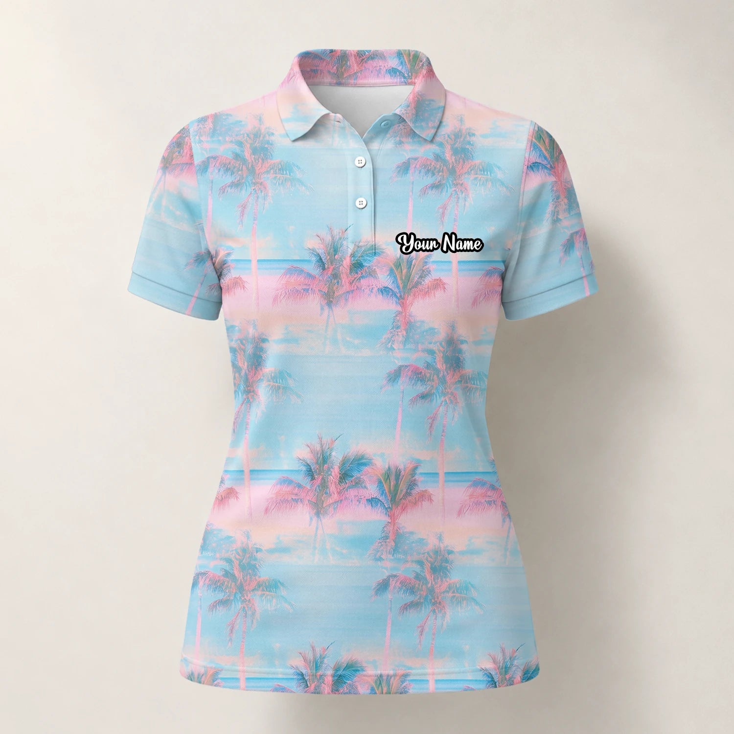 Personalised Pastel Blue Pink Palm Sunset Golf Polo Shirt For Women G4431
