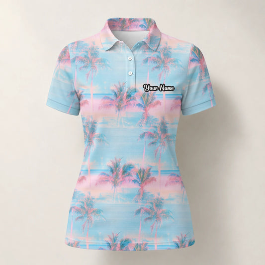 Personalised Pastel Blue Pink Palm Sunset Golf Polo Shirt For Women G4431
