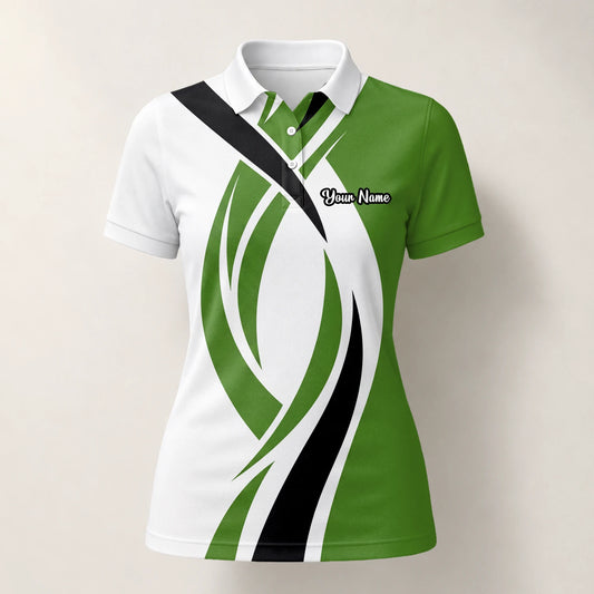 Personalised White Green Black Abstract Wave Golf Polo Shirt For Women P7352