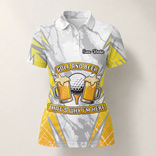 Personalised Grey Yellow Golf And Beer Slogan Golf Polo Shirt For Women P2319
