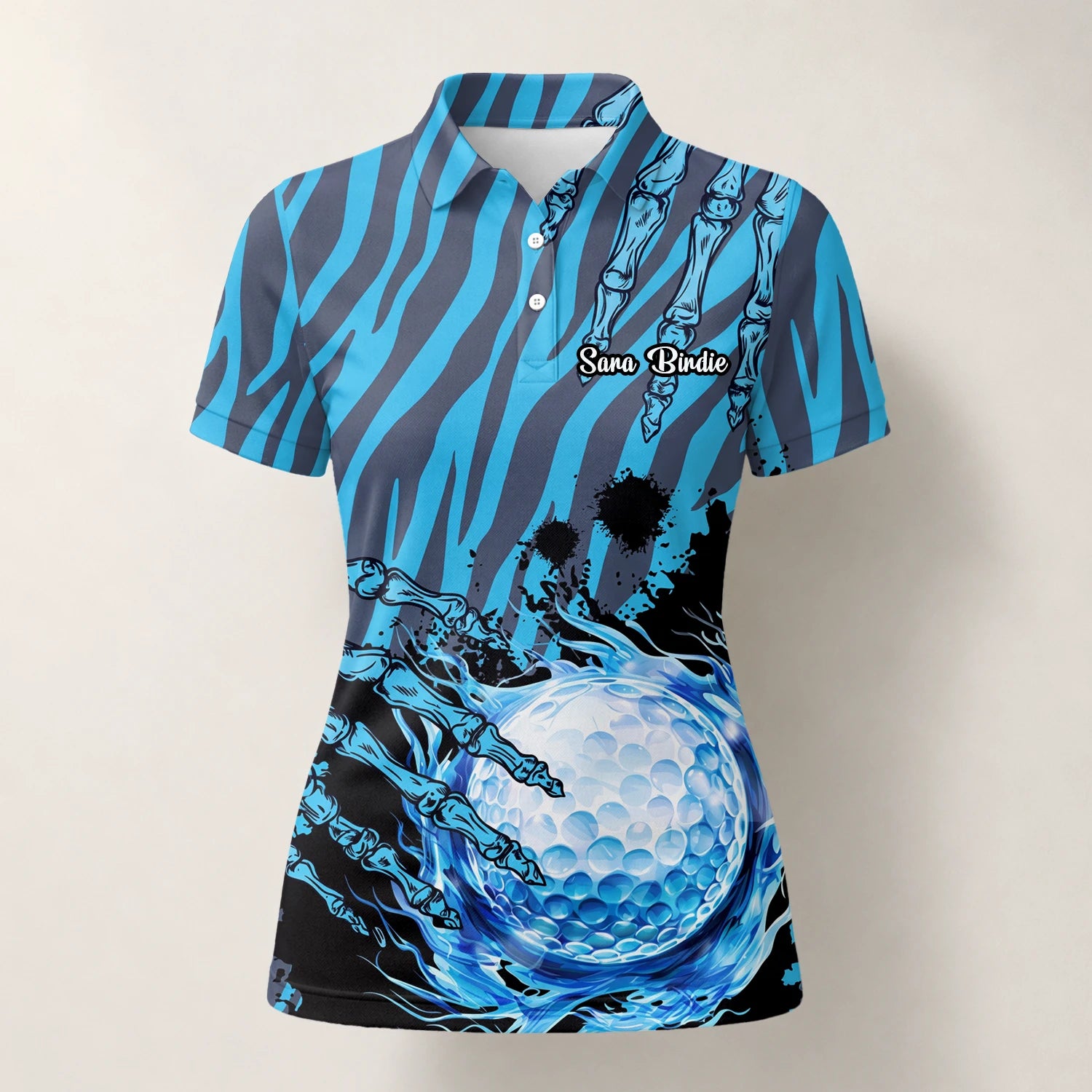 Personalised Blue Black Golf Ball Water Splash Golf Polo Shirt For Women B9791
