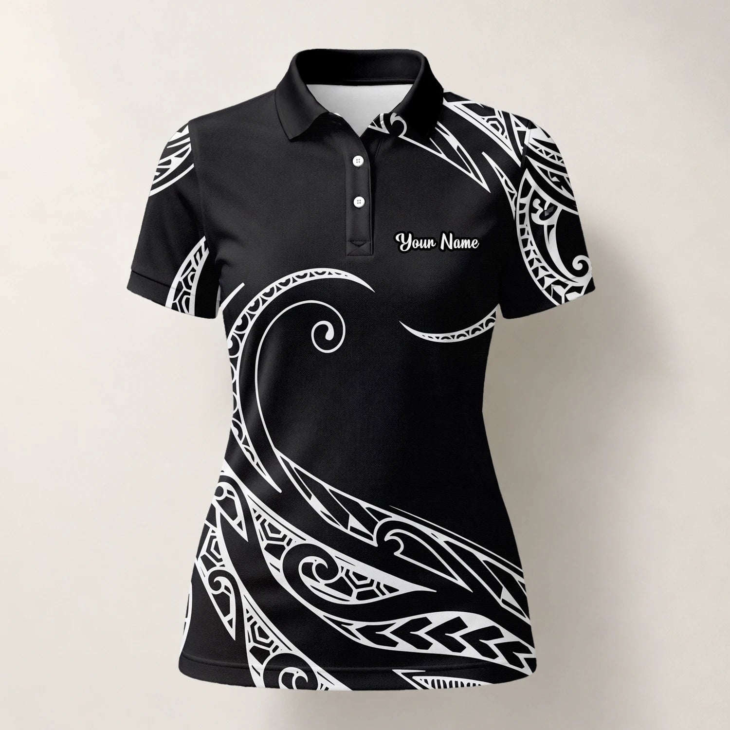 Personalised Black White Tribal Wave Golf Polo Shirt For Women R9560