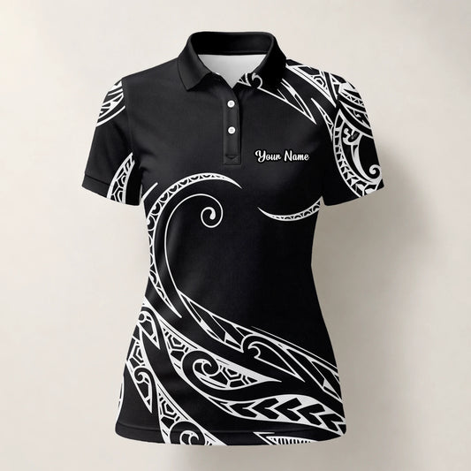 Personalised Black White Tribal Wave Golf Polo Shirt For Women R9560