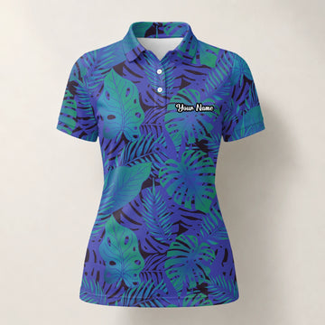 Personalised Blue Purple Tropical Monstera Leaf Golf Polo Shirt For Women G3142