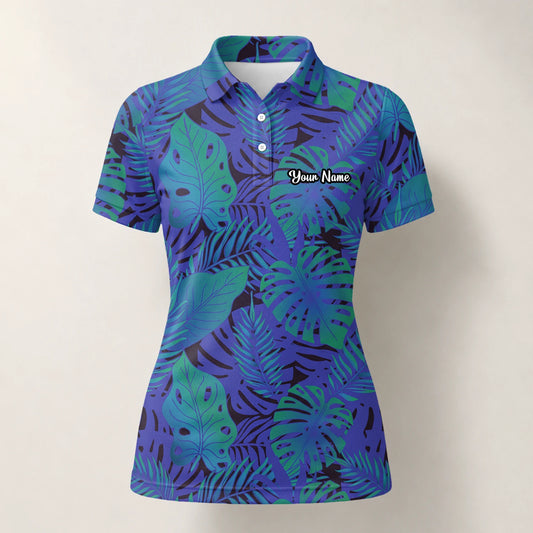 Personalised Blue Purple Tropical Monstera Leaf Golf Polo Shirt For Women G3142