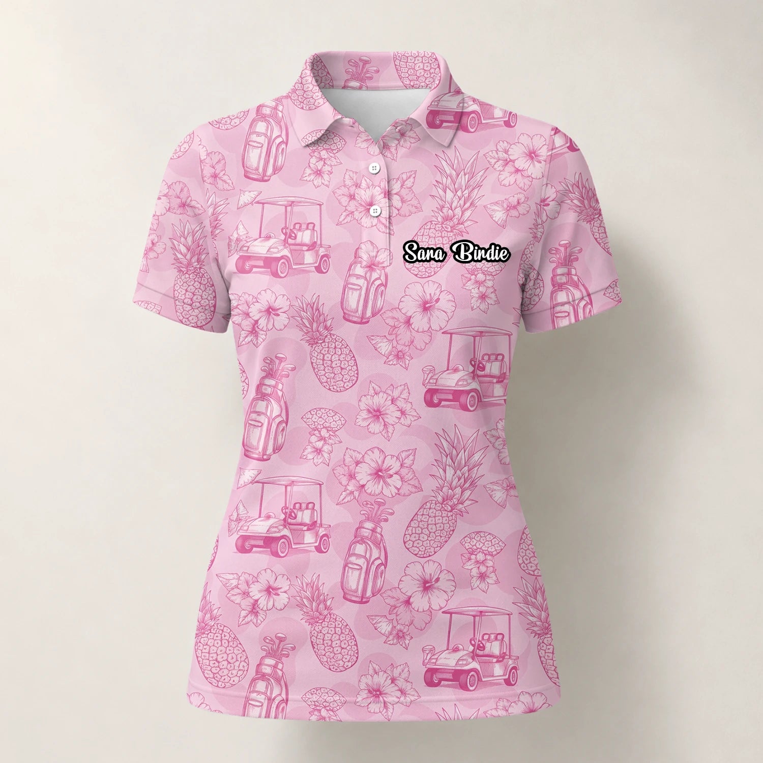 Personalised Pink Golf Cart Floral Toile Golf Polo Shirt For Women T8127