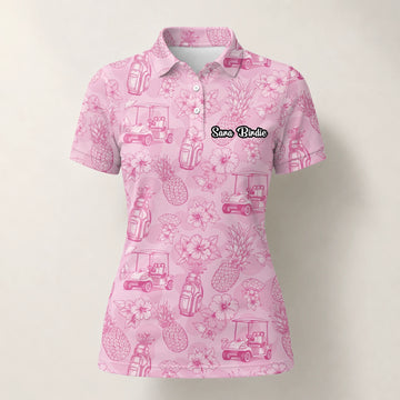 Personalised Pink Golf Cart Floral Toile Golf Polo Shirt For Women T8127