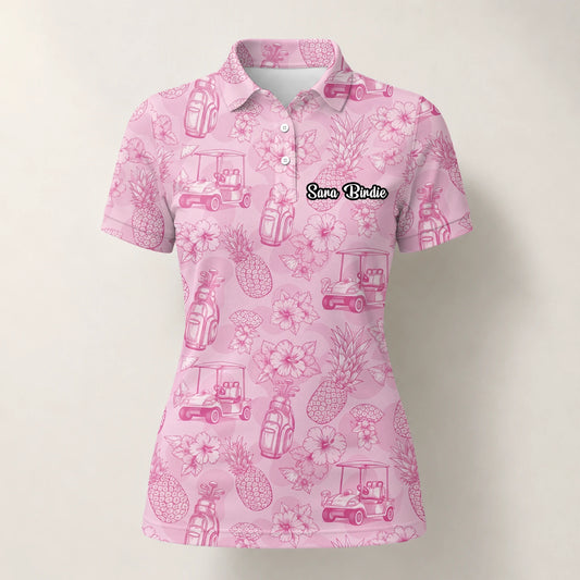 Personalised Pink Golf Cart Floral Toile Golf Polo Shirt For Women T8127