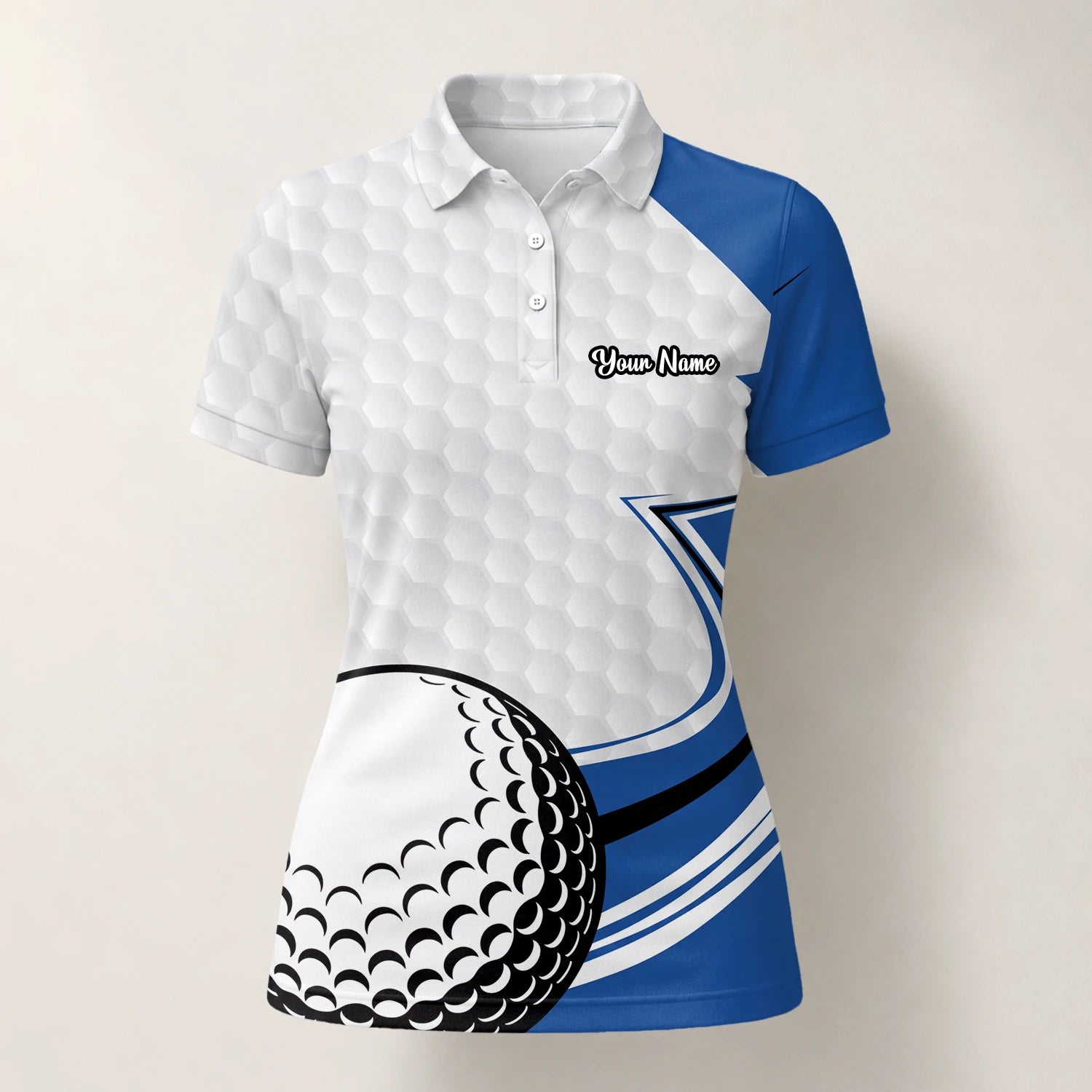Personalised White Blue Golf Ball Hexagon Golf Polo Shirt For Women S7973