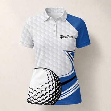 Personalised White Blue Golf Ball Hexagon Golf Polo Shirt For Women S7973