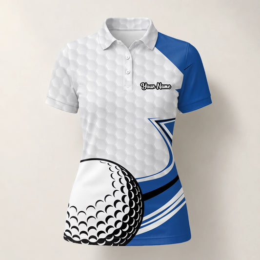Personalised White Blue Golf Ball Hexagon Golf Polo Shirt For Women S7973