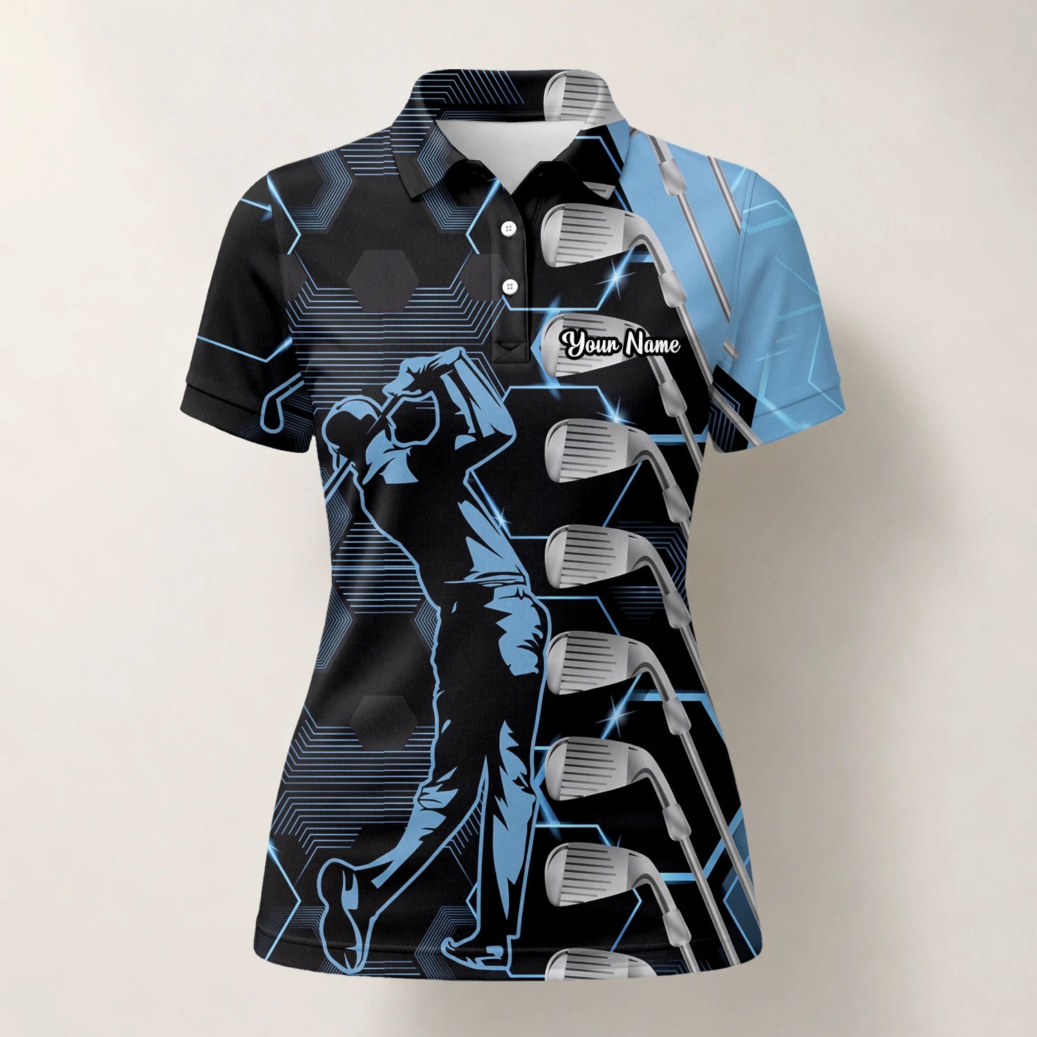 Personalised Black Blue Golfer Golf Club Graphic Golf Polo Shirt For Women J5818