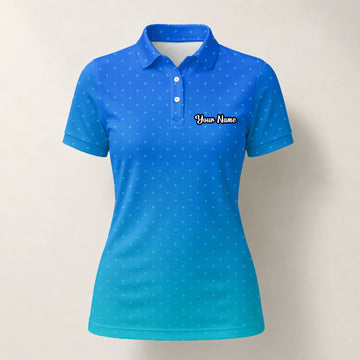 Personalised Blue Turquoise Dotted Gradient Golf Polo Shirt For Women O2326