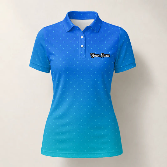 Personalised Blue Turquoise Dotted Gradient Golf Polo Shirt For Women O2326
