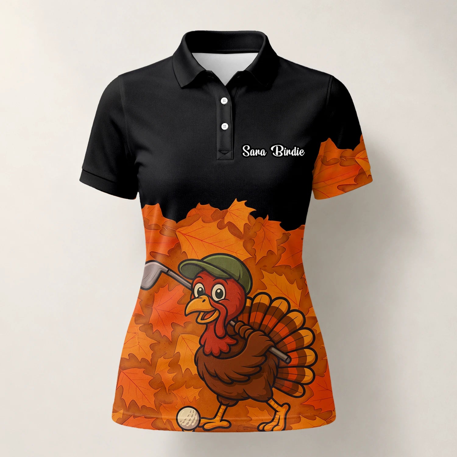 Personalised Black Orange Thanksgiving Turkey Golfer Golf Polo Shirt For Women W0964