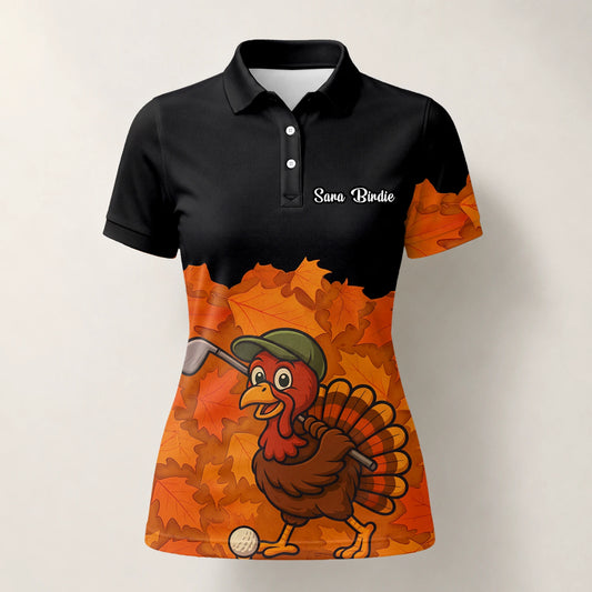 Personalised Black Orange Thanksgiving Turkey Golfer Golf Polo Shirt For Women W0964