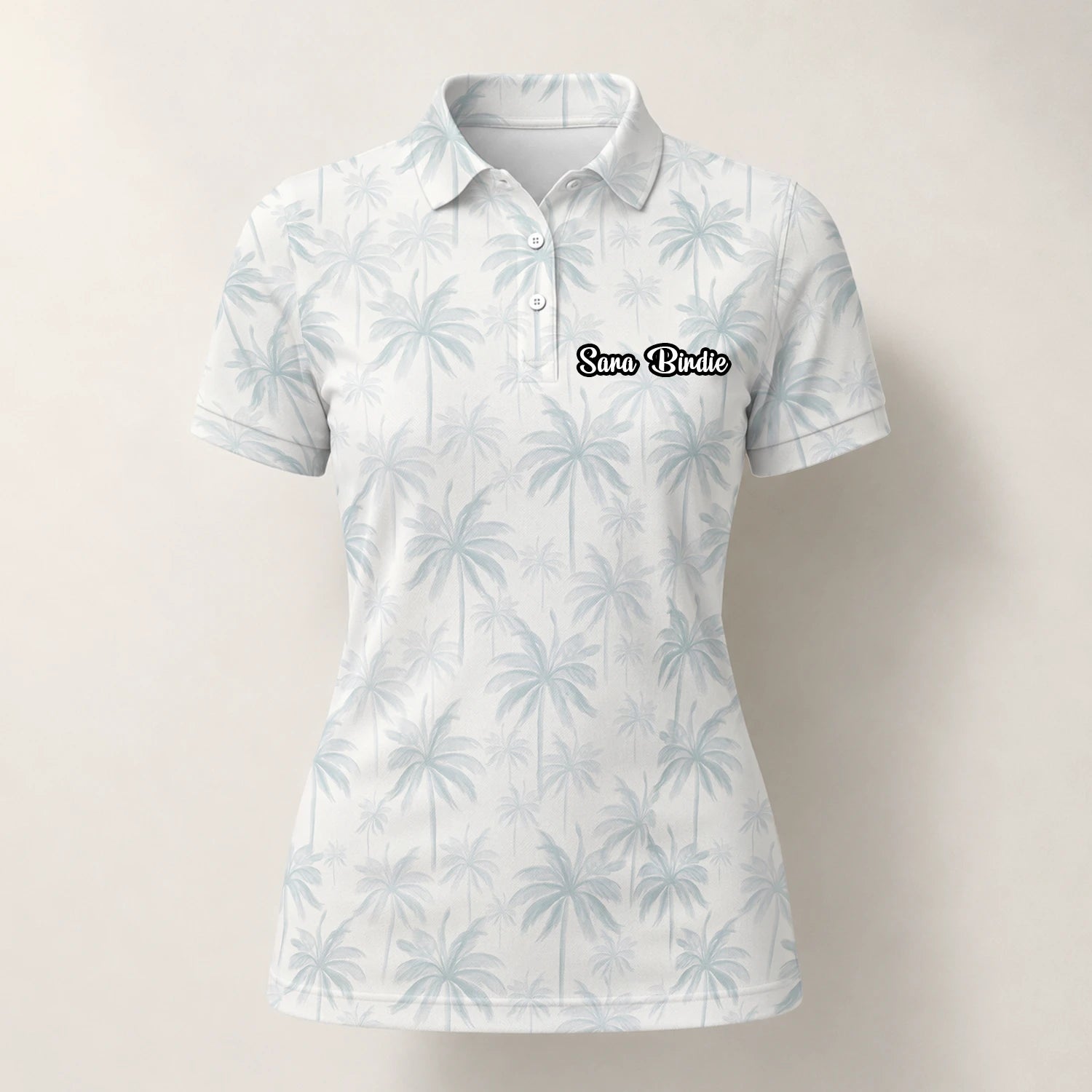 Personalised White Pale Blue Palm Leaf Golf Polo Shirt For Women U1709