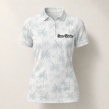 Personalised White Pale Blue Palm Leaf Golf Polo Shirt For Women U1709