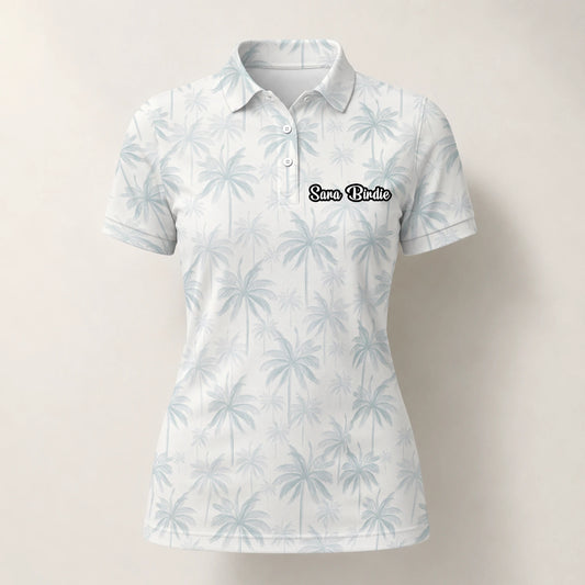 Personalised White Pale Blue Palm Leaf Golf Polo Shirt For Women U1709