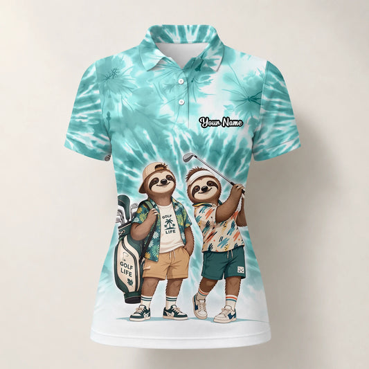 Personalised Turquoise Sloth Golfer Cartoon Golf Polo Shirt For Women C1614
