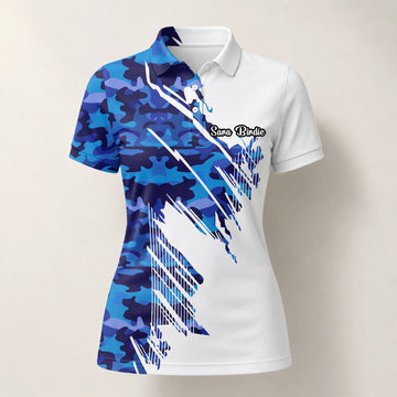 Personalised White Blue Camo Brush Stroke Golf Polo Shirt For Women M3845