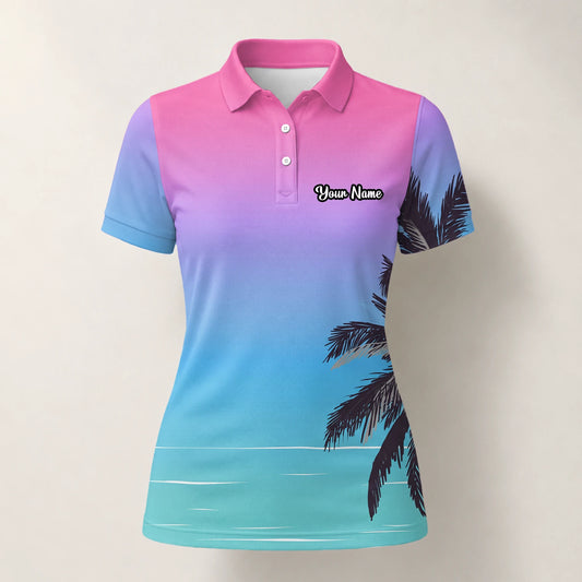 Personalised Pink Blue Palm Beach Sunset Golf Polo Shirt For Women Q3519