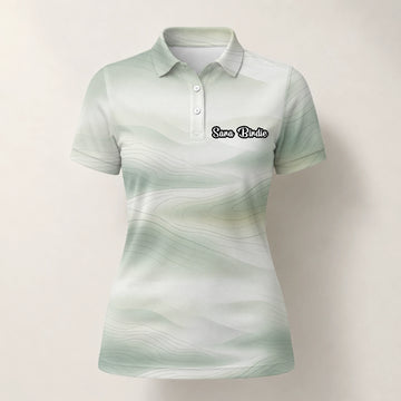 Personalised White Sage Green Abstract Wave Golf Polo Shirt For Women F8070