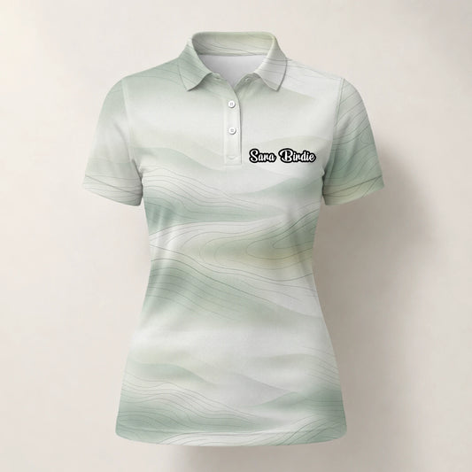 Personalised White Sage Green Abstract Wave Golf Polo Shirt For Women F8070