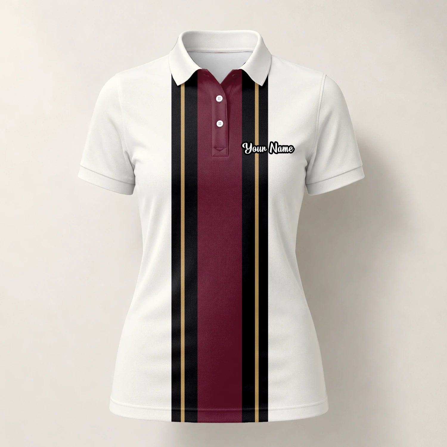 Personalised White Burgundy Black Racing Stripe Golf Polo Shirt For Women G7028