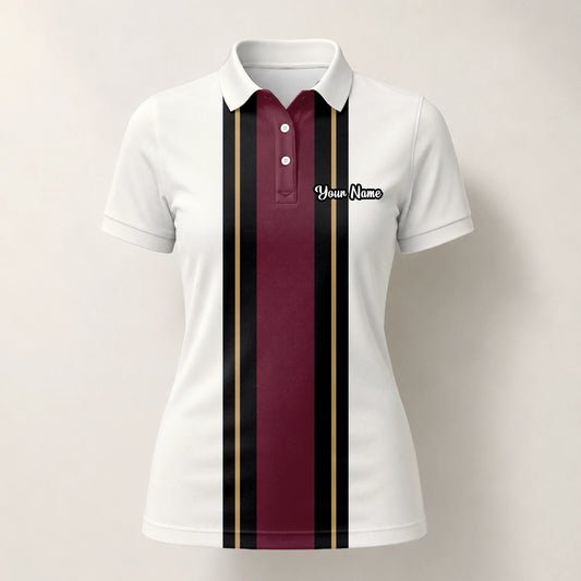 Personalised White Burgundy Black Racing Stripe Golf Polo Shirt For Women G7028