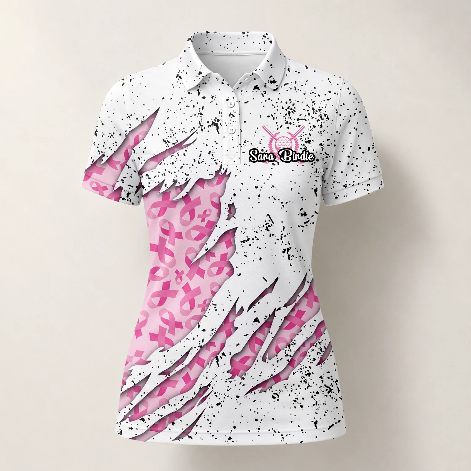 Personalised White Pink Breast Cancer Ribbon Torn Golf Polo Shirt For Women B7190